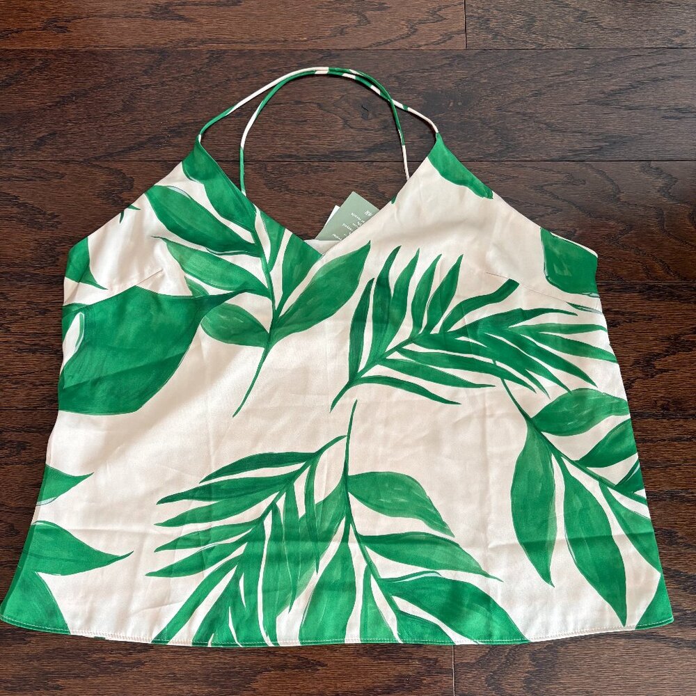 H&M Tropical Palm Print Ivory & Green Satin Camisole Tank - SZ L NEW w Tags